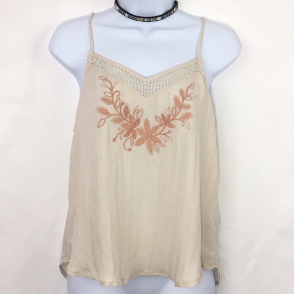 A. Calin Dusty Peach Floral Embroidered Ivory Tank Large - Picture 2 of 5